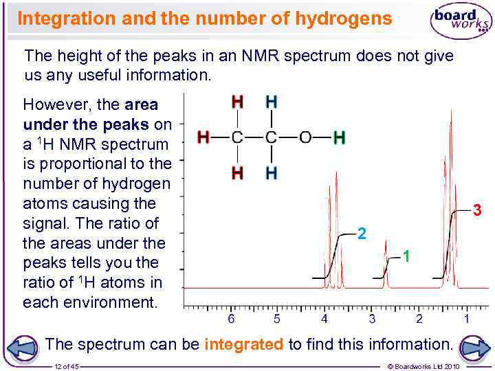 Integration and the number of hydrogens The height of the peaks in an NMR