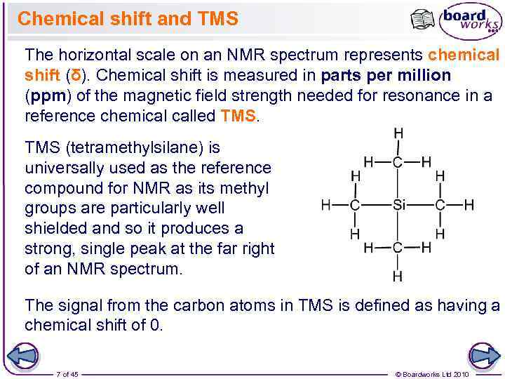 Chemical shift and TMS The horizontal scale on an NMR spectrum represents chemical shift