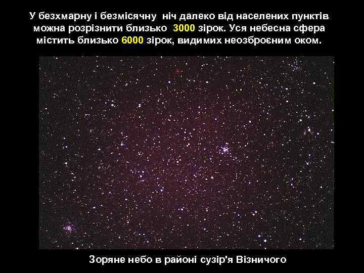 У безхмарну і безмісячну ніч далеко від населених пунктів можна розрізнити близько 3000 зірок.