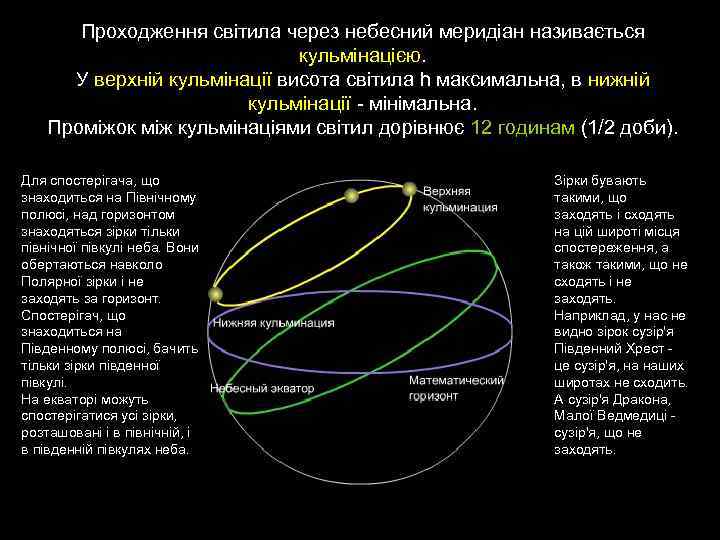 Проходження світила через небесний меридіан називається кульмінацією. У верхній кульмінації висота світила h максимальна,