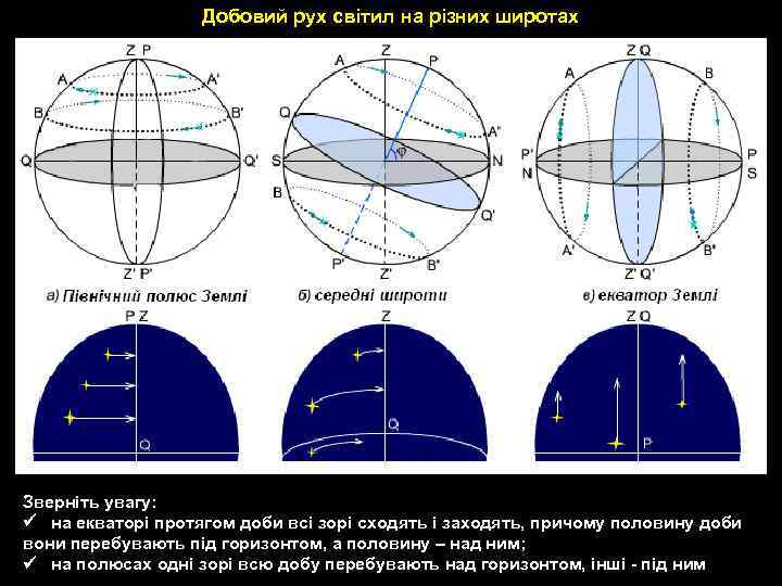 Добовий рух світил на різних широтах Зверніть увагу: на екваторі протягом доби всі зорі