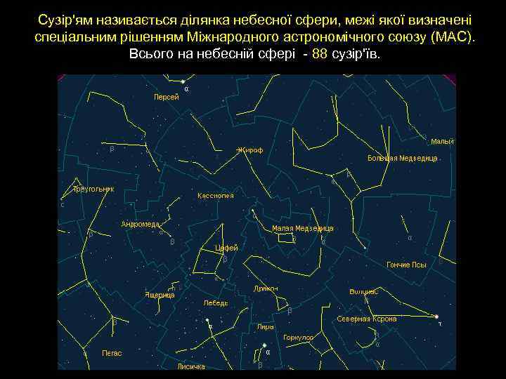 Сузір'ям називається ділянка небесної сфери, межі якої визначені спеціальним рішенням Міжнародного астрономічного союзу (МАС).