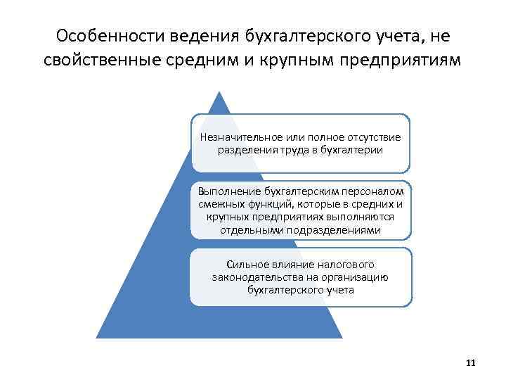 Особенности ведения бухгалтерского учета, не свойственные средним и крупным предприятиям Незначительное или полное отсутствие