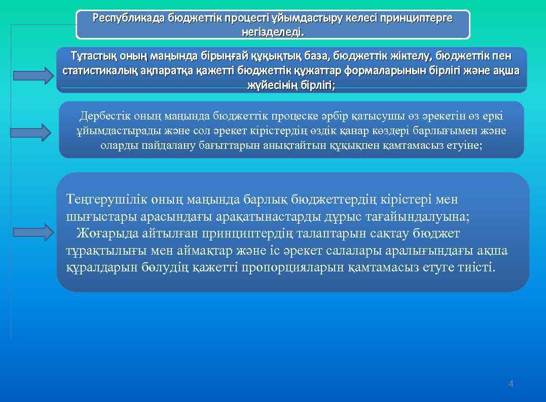 Республикада бюджеттік процесті ұйымдастыру келесі принциптерге негізделеді. Тұтастық оның маңында бірыңғай құқықтық база, бюджеттік