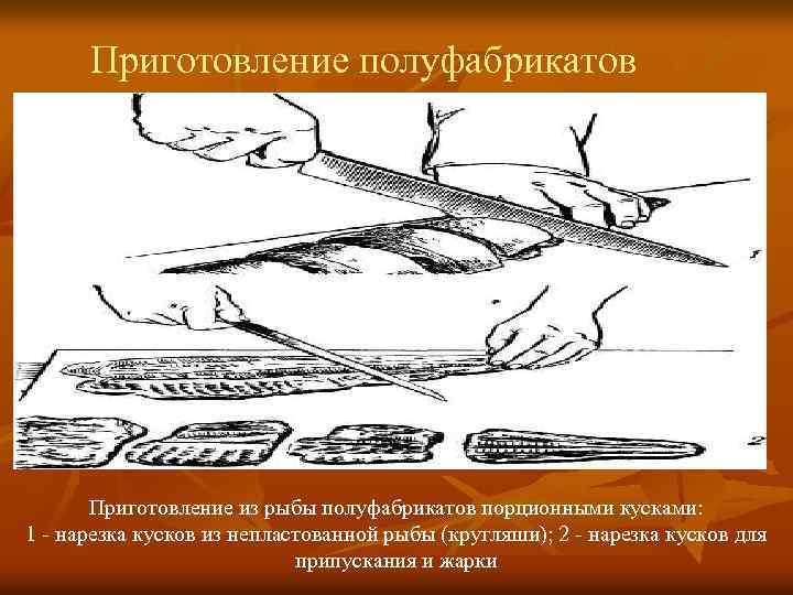 Приготовление полуфабрикатов Приготовление из рыбы полуфабрикатов порционными кусками: 1 - нарезка кусков из непластованной