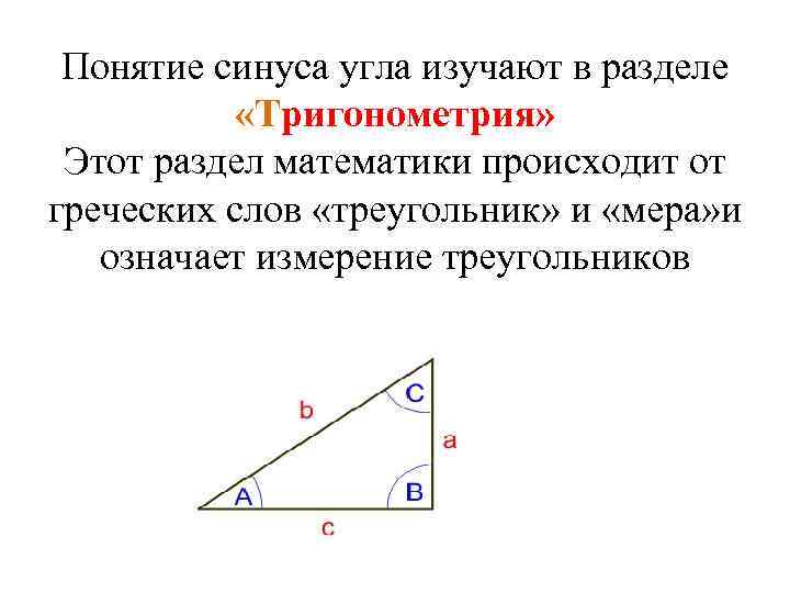 Понятие синуса угла изучают в разделе «Тригонометрия» Этот раздел математики происходит от греческих слов