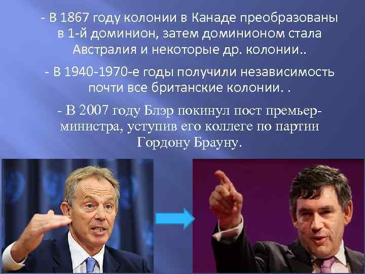 - В 1867 году колонии в Канаде преобразованы в 1 -й доминион, затем доминионом