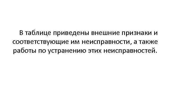 В таблице приведены внешние признаки и соответствующие им неисправности, а также работы по устранению