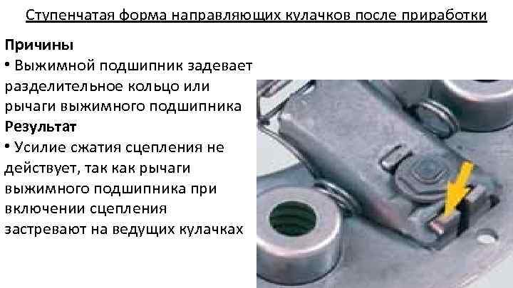 Ступенчатая форма направляющих кулачков после приработки Причины • Выжимной подшипник задевает разделительное кольцо или