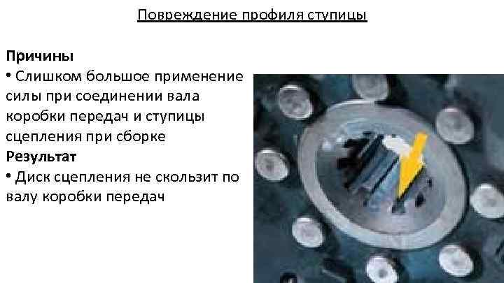 Повреждение профиля ступицы Причины • Слишком большое применение силы при соединении вала коробки передач