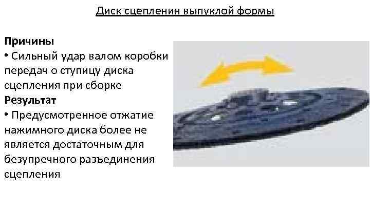 Диск сцепления выпуклой формы Причины • Сильный удар валом коробки передач о ступицу диска