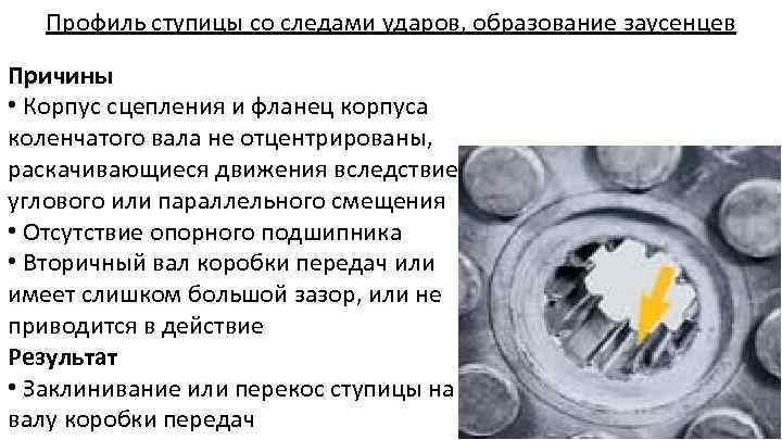 Профиль ступицы со следами ударов, образование заусенцев Причины • Корпус сцепления и фланец корпуса