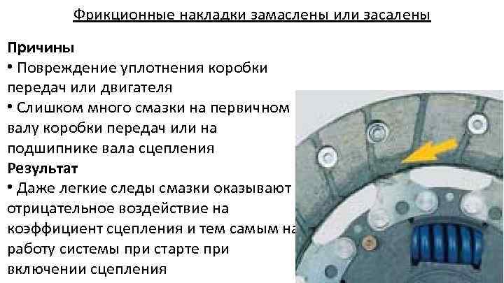 Фрикционные накладки замаслены или засалены Причины • Повреждение уплотнения коробки передач или двигателя •