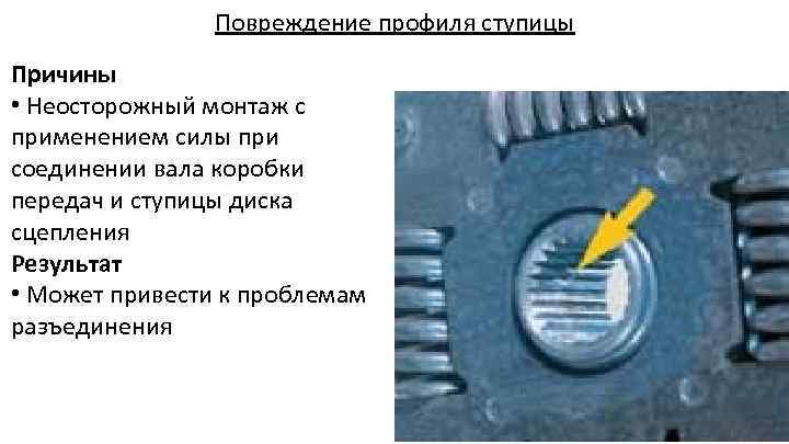Повреждение профиля ступицы Причины • Неосторожный монтаж с применением силы при соединении вала коробки
