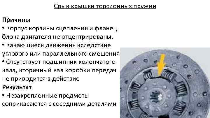 Срыв крышки торсионных пружин Причины • Корпус корзины сцепления и фланец блока двигателя не