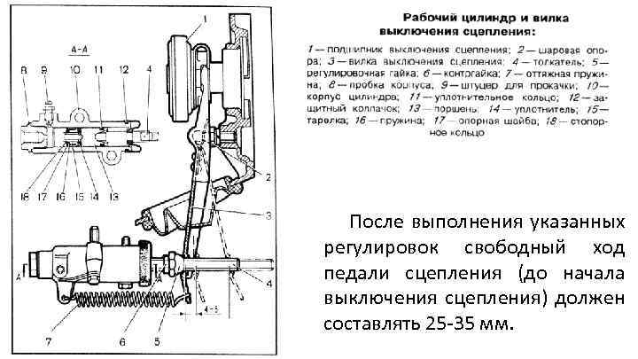 После выполнения указанных регулировок свободный ход педали сцепления (до начала выключения сцепления) должен составлять