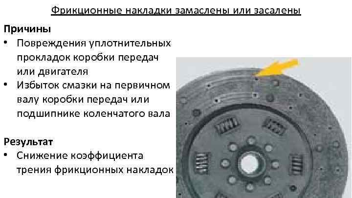 Фрикционные накладки замаслены или засалены Причины • Повреждения уплотнительных прокладок коробки передач или двигателя