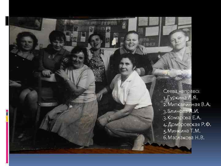 Слева направо: 1. Гуркина Л. Я. 2. Миткалинная В. А. 3. Блинова Л. И.