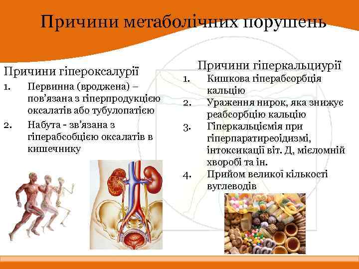 Причини метаболічних порушень Причини гіпероксалурії 1. 2. Первинна (вроджена) – пов’язана з гіперпродукцією оксалатів