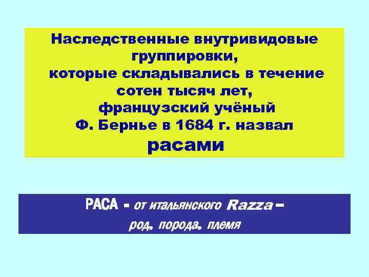 Наследственные внутривидовые группировки, которые складывались в течение сотен тысяч лет, французский учёный Ф. Бернье