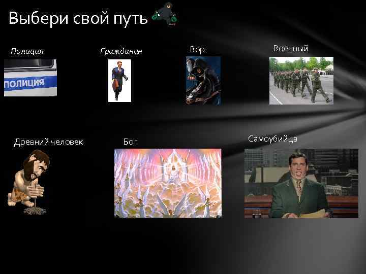 Выбери свой путь Полиция Древний человек Гражданин Бог Вор Военный Самоубийца 