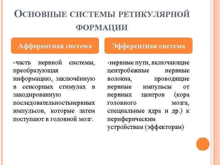 ОСНОВНЫЕ СИСТЕМЫ РЕТИКУЛЯРНОЙ ФОРМАЦИИ Афферентная система Эфферентная система часть нервной системы, преобразующая информацию, заключённую