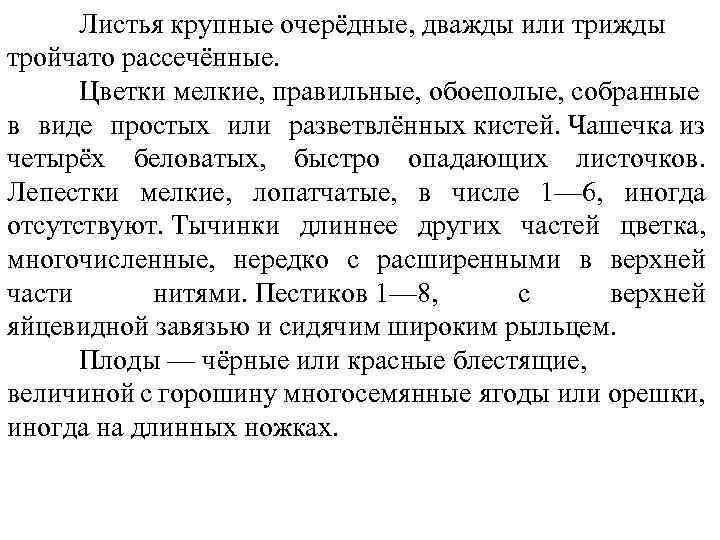 Листья крупные очерёдные, дважды или трижды тройчато рассечённые. Цветки мелкие, правильные, обоеполые, собранные в
