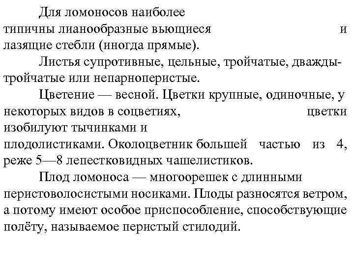 Для ломоносов наиболее типичны лианообразные вьющиеся и лазящие стебли (иногда прямые). Листья супротивные, цельные,