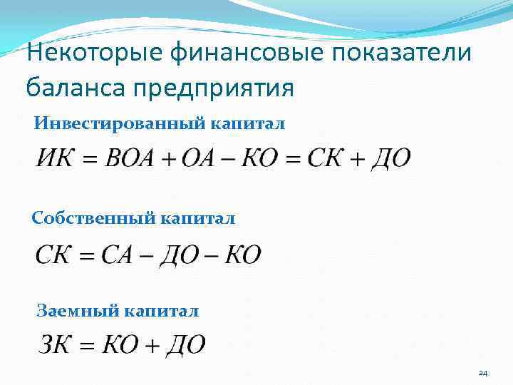 Некоторые финансовые показатели баланса предприятия Инвестированный капитал Собственный капитал Заемный капитал 24 