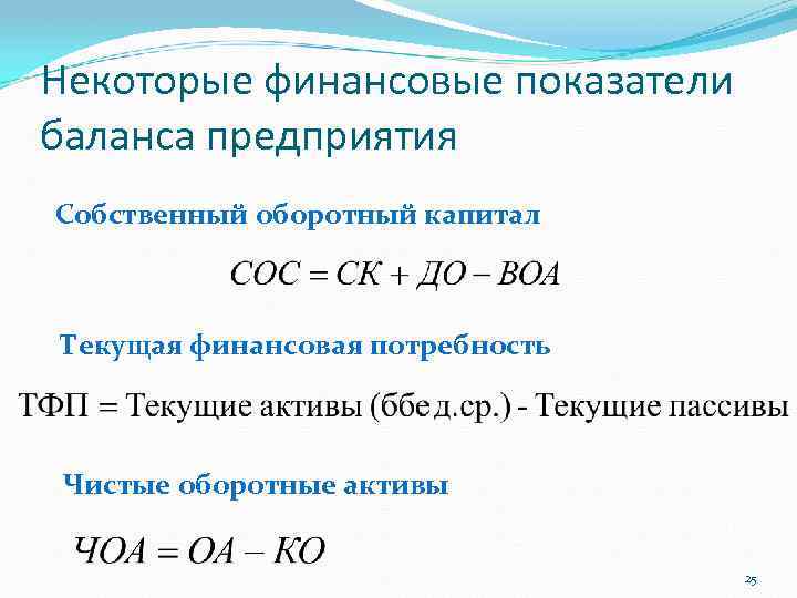 Некоторые финансовые показатели баланса предприятия Собственный оборотный капитал Текущая финансовая потребность Чистые оборотные активы