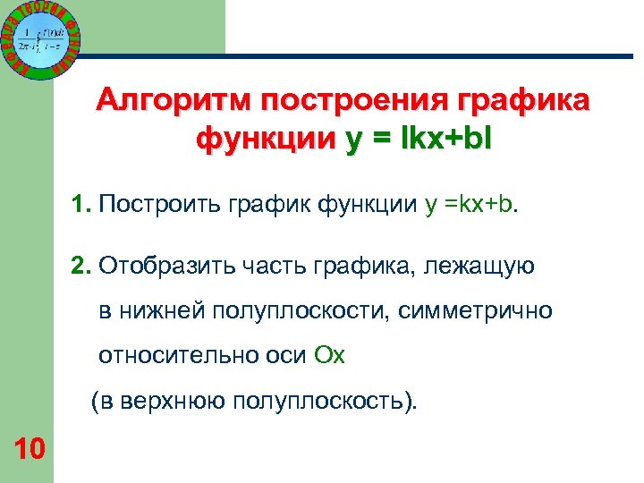 Алгоритм построения графика функции y = lkх+bl 1. Построить график функции y =kx+b. 2.