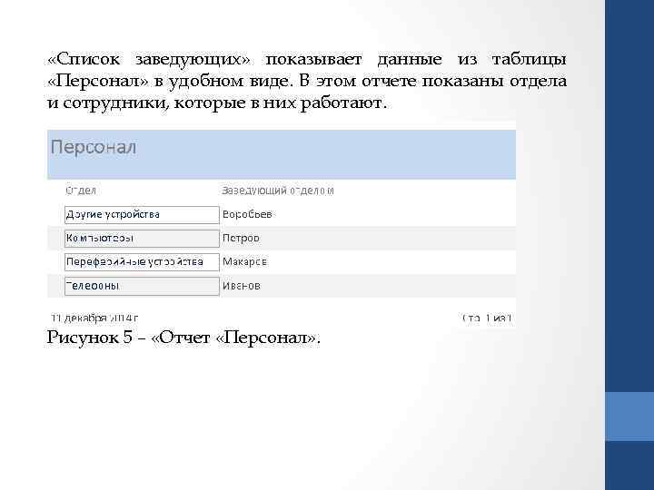  «Список заведующих» показывает данные из таблицы «Персонал» в удобном виде. В этом отчете
