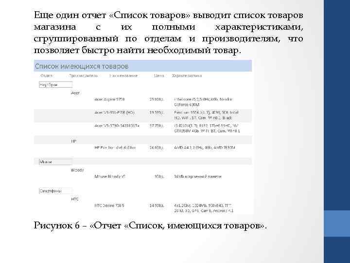 Еще один отчет «Список товаров» выводит список товаров магазина с их полными характеристиками, сгруппированный