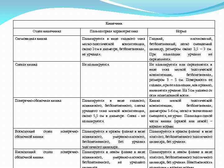 Кишечник Отдел кишечника Пальпаторная характеристика Норма Сигмовидная кишка Пальпируется в виде гладкого тяжа мягко-эластической