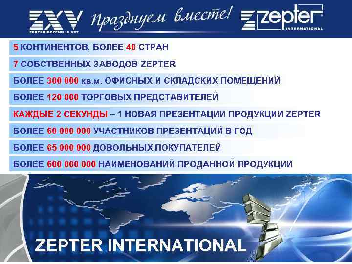 5 КОНТИНЕНТОВ, БОЛЕЕ 40 СТРАН 7 СОБСТВЕННЫХ ЗАВОДОВ ZEPTER БОЛЕЕ 300 000 кв. м.