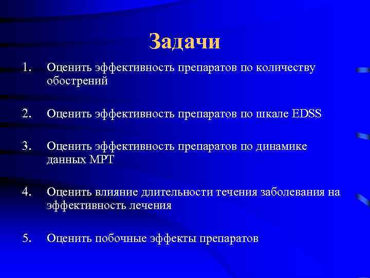 Задачи 1. Оценить эффективность препаратов по количеству обострений 2. Оценить эффективность препаратов по шкале