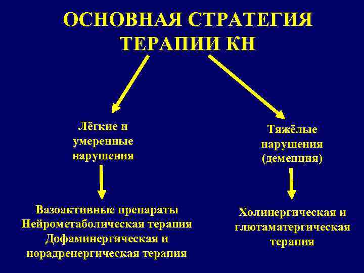 ОСНОВНАЯ СТРАТЕГИЯ ТЕРАПИИ КН Лёгкие и умеренные нарушения Вазоактивные препараты Нейрометаболическая терапия Дофаминергическая и