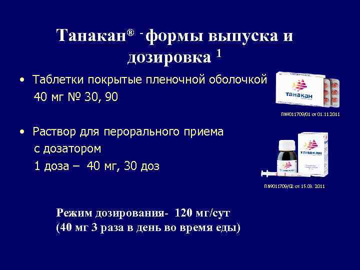 Танакан® - формы выпуска и дозировка 1 • Таблетки покрытые пленочной оболочкой 40 мг