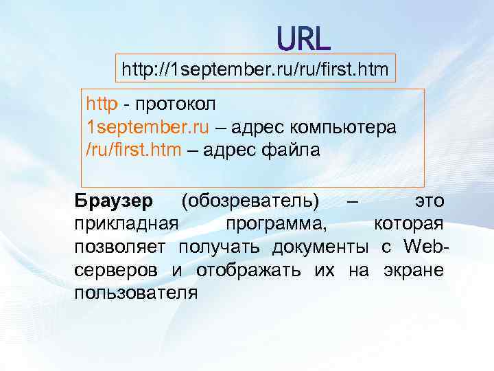 http: //1 september. ru/ru/first. htm http - протокол 1 september. ru – адрес компьютера