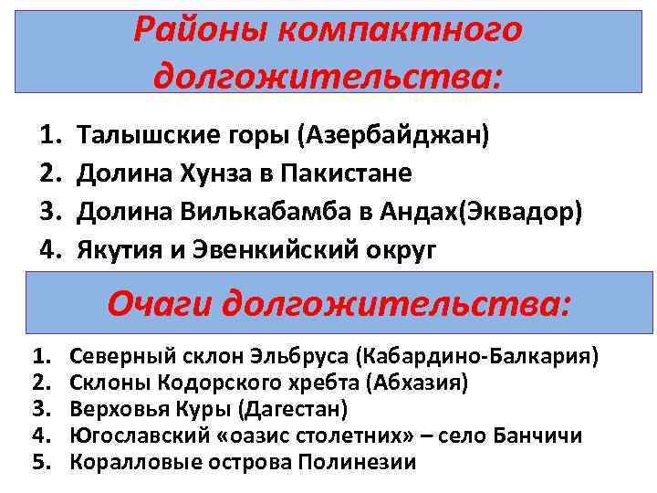 Районы компактного долгожительства: 1. 2. 3. 4. Талышские горы (Азербайджан) Долина Хунза в Пакистане