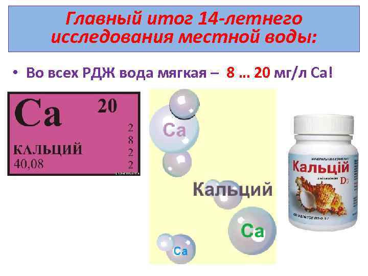 Главный итог 14 -летнего исследования местной воды: • Во всех РДЖ вода мягкая –
