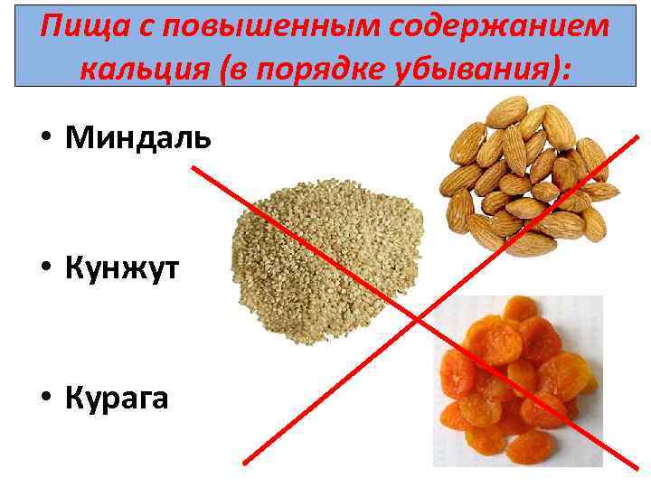 Пища с повышенным содержанием кальция (в порядке убывания): • Миндаль • Кунжут • Курага