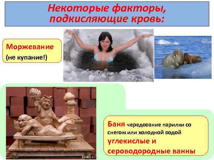 Некоторые факторы, подкисляющие кровь: Моржевание (не купание!) Баня чередование парилки со снегом или холодной