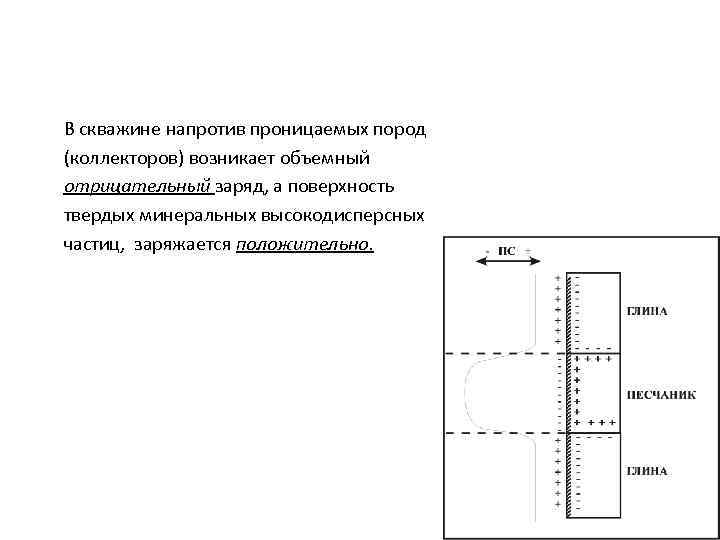 В скважине напротив проницаемых пород (коллекторов) возникает объемный отрицательный заряд, а поверхность твердых минеральных