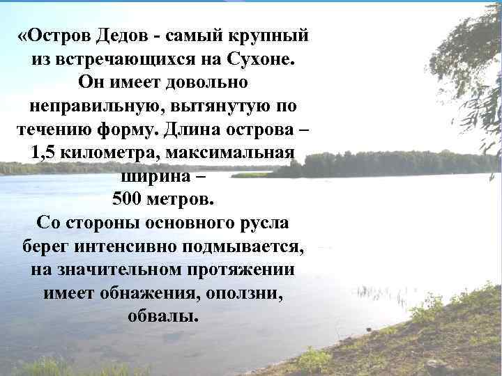  «Остров Дедов - самый крупный из встречающихся на Сухоне. Он имеет довольно неправильную,