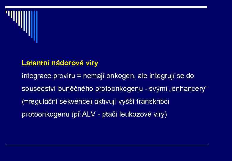Latentní nádorové viry integrace proviru = nemají onkogen, ale integrují se do sousedství buněčného