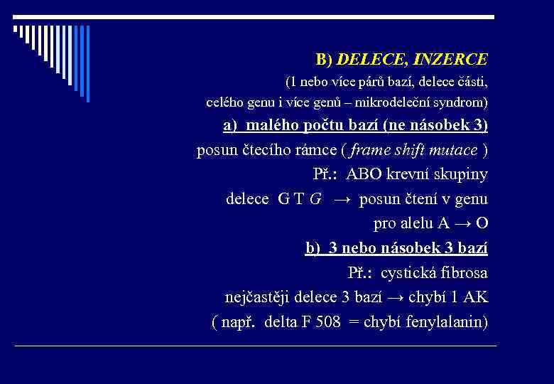 B) DELECE, INZERCE (1 nebo více párů bazí, delece části, celého genu i více