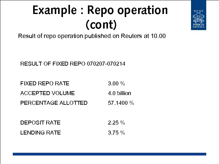 Example : Repo operation (cont) Result of repo operation published on Reuters at 10.