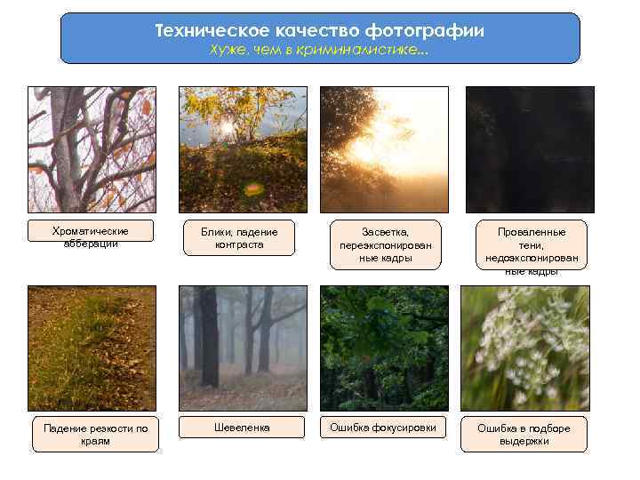 Техническое качество фотографии Хуже, чем в криминалистике. . . Хроматические абберации Падение резкости по