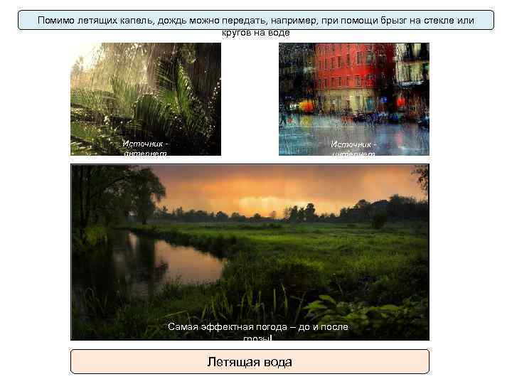 Помимо летящих капель, дождь можно передать, например, при помощи брызг на стекле или кругов